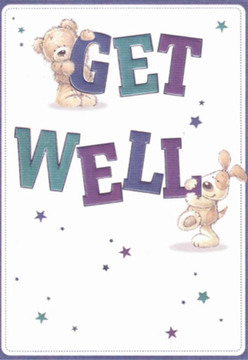 There's a sense of uplifting calm in this illustrated get well card, crafted with the same attentive spirit seen in St Luke's beloved local bakeries and flower stalls. The scene centers on the deep affection between a fluffy teddy bear-its soft, warmly textured coat catching imaginary sunlight-and a lively puppy, joyfully nestled against the generous curves of the word 'WELL'. Each letter, painted in luminous hues of indigo and teal, stands bold against the fresh white backdrop, much like vibrant petals arranged on vintage St Luke's Market tables. Scattered bursts of star-shaped hope scatter around them, offering a celebratory note reminiscent of the first spring blooms after a long winter. Their expressive faces exude hope and sincerity, while their plush forms conjure the tactile comfort of a handmade throw or a freshly tied bouquet. As a florist rooted in the St Luke's community, I see the same nurturing intention here: every element-from the energetic typography to the play of light and shade-invites smiles and gentle reassurance, perfect for wishing a friend or neighbor a swift recovery just around Banner Street or the bustling heart of the area. This card is more than a message; it is a moment of kindness shared, echoing the warmth found within every caring act in our vibrant neighborhood.