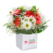 Radiating a lighthearted joy and springtime optimism, this lovingly crafted floral bouquet lights up its pure white gift bag, creating an enchanting scene that echoes the lively streets of St Luke's. The plush, ruffled coral and deep red carnations at its core infuse the ensemble with energy and playful movement, while clusters of cheerful white daisies-with vivid yellow-green eyes-bring a sunlit brightness reminiscent of mornings in St Luke's gardens or the bustle of Central Street. Gentle sprays of baby's breath float delicately among the blooms, adding a soft whisper of innocence akin to fleeting childhood memories. Rich, shining green foliage wraps the flowers snugly, giving the bouquet a finished, cradled look-like a fresh gift gathered from a local artisan. Nestled within, a few small buds hint at stories yet to unfold, their purple-tinged promise quietly nestled on the left edge. The elegant white gift bag, practical for easy carrying, completes the presentation, framing the bouquet and ensuring it stands out as a thoughtful gesture-ideal for a birthday, congratulations, or to simply lift a friend's spirits. Every flower and leaf is expertly arranged, a visual and emotional reflection of St Luke's pride in skilled floristry and heartfelt, community-rooted delivery.